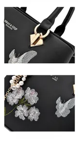 Détail du sac à main en cuir noir avec broderie florale et pendentif en perles