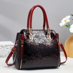Women Embossed Floral Patent PU Leather Handbag Crossbody Boston Bag Color Block Large Capacity Gold Hardware Elegant