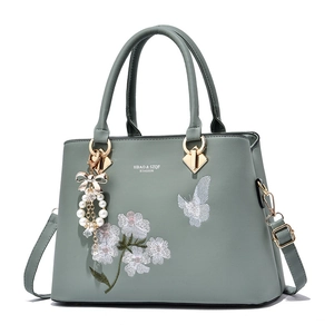 Sac à main élégant pour femme vert sauge en cuir PU avec broderie florale et charm perle