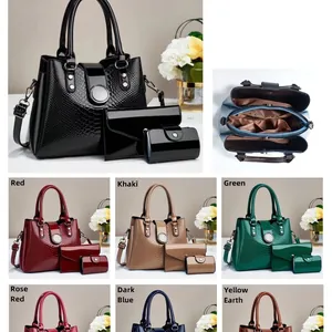 3-piece embossed leather handbag set featuring large tote bag in seven diverse colors