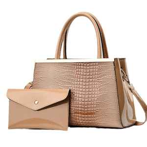 Two-piece khaki tote bag set with crocodile texture and matching envelope clutch purse