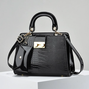 Chic black crocodile embossed tote bag set with mini pouch and gold hardware