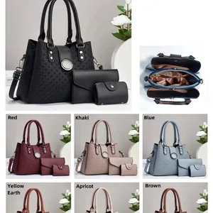Three-piece women's tote bag set with geometric texture and multiple internal compartments