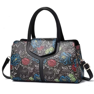 Floral embossed large capacity leather tote handbag with detachable crossbody strap