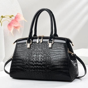 Glossy black crocodile pattern handbag with gold hardware and top handles for women