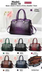 Detailed view of crocodile pattern leather handbag with dimensions and internal compartments