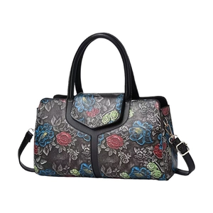 Women Vintage Floral Embossed Boston Handbag PU Leather Retro Printed Shoulder Crossbody Bag With Removable Strap