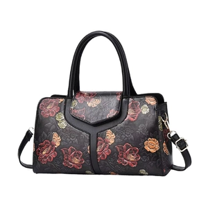 Floral print Boston bag with camellia pattern and leather trim crossbody strap