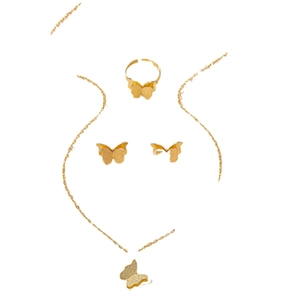 Parure de bijoux papillon dorés comprenant collier, boucles d'oreilles et bague ouverte mate