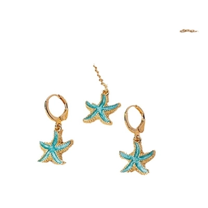 Summer ocean style starfish necklace and earrings jewelry set in blue and gold finish