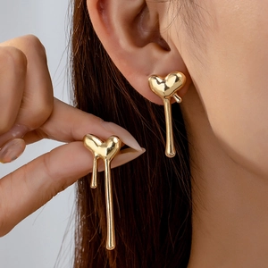 Liquid Metal Heart Earrings Gold Plated Molten Lava Asymmetric Dangle Drop Fashion Jewelry For Women Elegant Unique Design