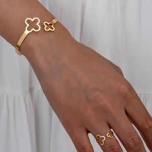 Bracelet Et Bague Trèfle À Quatre Feuilles Évidé Alliage Plaqué Or Ajustable Bijoux De Mode Élégants Pour Femmes