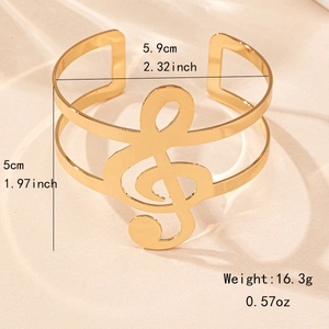 Bracelet jonc ouvert doré avec motif de note de musique et dimensions de taille et poids