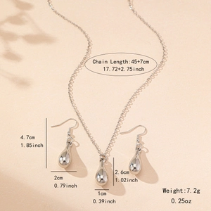 Elegant water drop jewelry set with silver polished pendant necklace and matching earrings