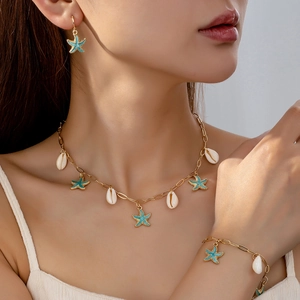 Set Di Gioielli Stella Marina Conchiglia Lega Smalto Estate Spiaggia Collana Bracciale Orecchini Donne Stile Tropicale