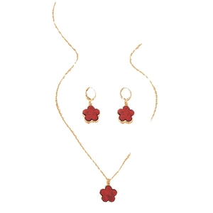 Elegant red five-leaf clover necklace and earring set with golden edges on white background