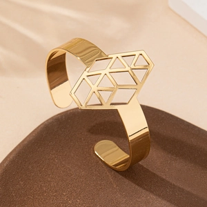 Elegant gold open cuff bracelet featuring a minimalist geometric hollow diamond design