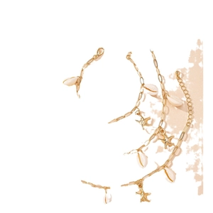 Golden starfish and shell necklace bracelet jewelry set on white background