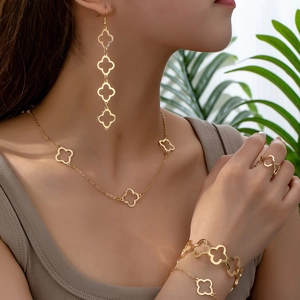 Golden Alloy Hollow Clover Flower Jewelry Necklace Drop Earrings Bracelet Bangle Ring Elegant Fashion Women Accessories