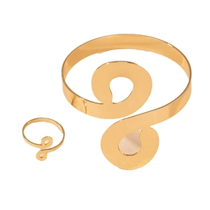 Golden infinity style jewelry set with polished open bangle and adjustable ring