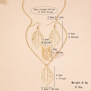Golden hollow leaf jewelry set with necklace, drop earrings and open ring for women