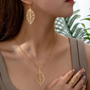 Hollow Leaf Necklace Earring Ring Jewelry Alloy Gold Plated Fashion Simple Nature Theme Women Accessories