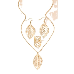 Golden filigree leaf jewelry set with necklace earrings and ring on white background