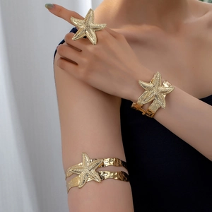 Starfish Jewelry Arm Ring Cuff Bracelet And Finger Ring Alloy Hammered Texture Bohemian Beach Vacation Style Women
