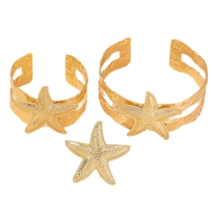 Golden starfish jewelry set with hammered texture open cuff bracelets and pendant charm