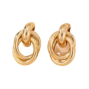 Elegant gold hollow interlocking circular drop earrings with a polished metallic finish