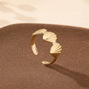 Elegant gold seashell open ring with three textured fan motifs for a beach ocean vibe