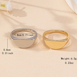 Minimalist wide geometric D-shaped ring set in gold and silver finish with size specs
