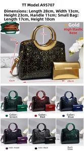 Detail view of retro floral embossed handbag set with precise dimensions and dual bags