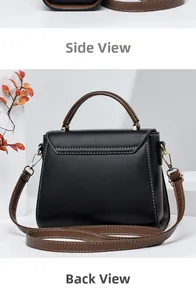 Detailansicht der schwarzen Ledertasche mit braunen Griffen und weißen Kontrastnähten