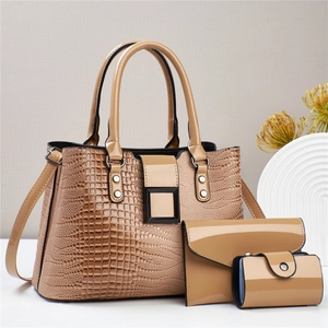 Lizard pattern three-piece bag set with khaki tote, envelope clutch and card holder