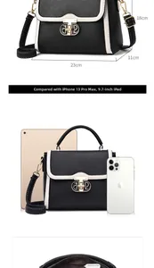 Dettagli borsa in pelle PU nera con profili bianchi e dimensioni esatte 23x18x11cm