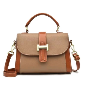 Contrast lychee pattern crossbody bag with a gold H-shaped buckle on white background
