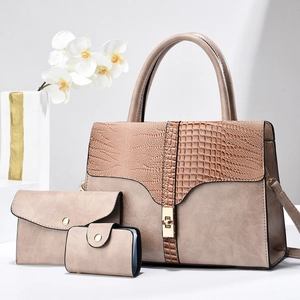 Three-piece tote bag set with crocodile texture in dusty rose matte faux leather