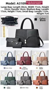 Three-piece crocodile texture tote bag set with metal buckle and dimensions overview