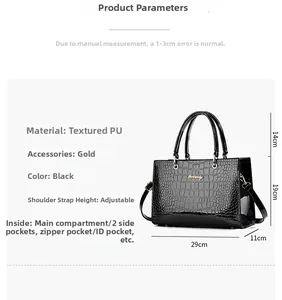 Detailed size chart for black faux crocodile leather handbag with golden hardware