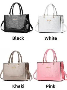 Detailed grid of faux crocodile patent leather tote bags in black, white, khaki, and pink