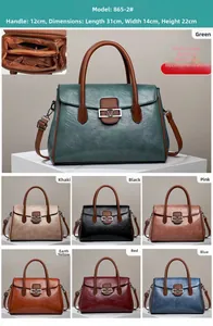 Detailed interior compartment view and multi-color options of the leather handbag