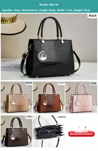 Detailed view of crocodile embossed handbag with metal logo and size chart dimensions