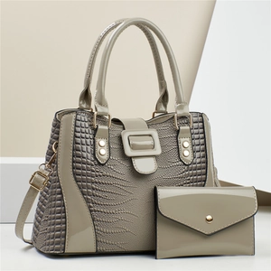 Elegante borsa e portafoglio grigio effetto lucido con motivo a lucertola e fibbie dorate