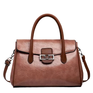 Pink and brown vintage PU leather handbag with V metal buckle and adjustable strap