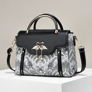 Women Handbag PU Leather Jacquard Fabric Wave Pattern Swan Heart Buckle Artificial Pearl Tassel Crossbody Bag Vintage Style