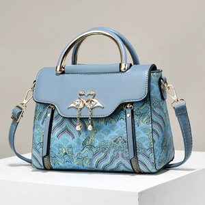 Fashion women tote bag with blue graffiti jacquard fabric and swan pearl decoration