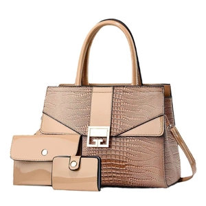 3-piece beige crocodile pattern handbag set with glossy finish and gold hardware