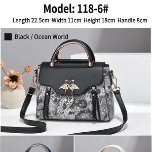Black fashion handbag with ocean print graffiti, metal swan clasp and round handle