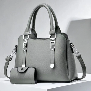 Women PU Leather Handbag And Small Pouch Lychee Pattern Large Capacity Tote With Detachable Strap Solid Color